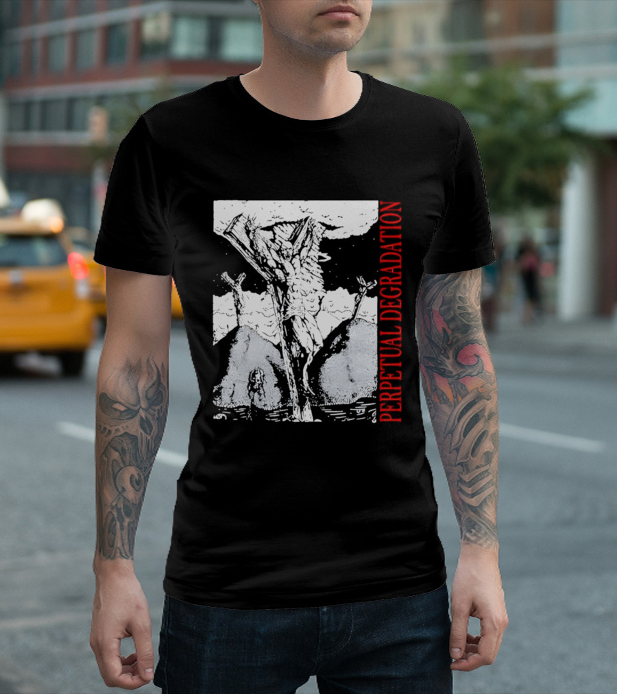 Perpetual Degradation Monster Crucifixion Skull Mountains Clouds T-Shirt