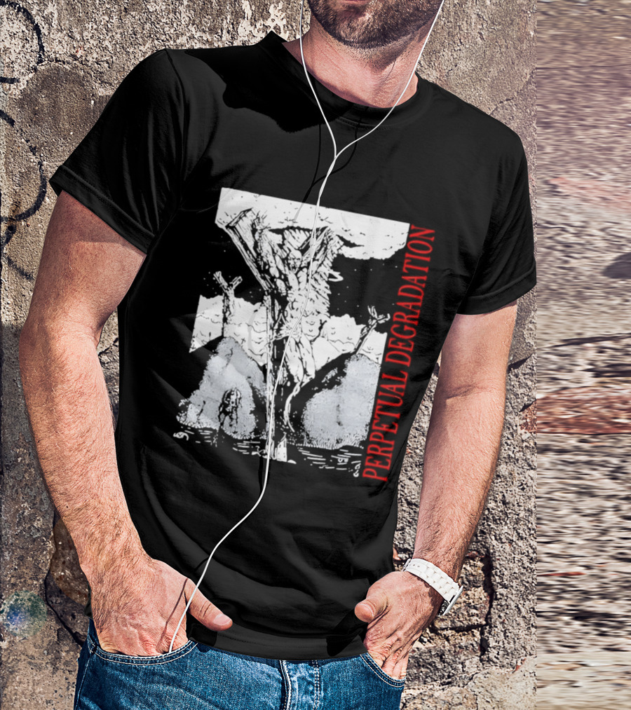 Perpetual Degradation Monster Crucifixion Skull Mountains Clouds T-Shirt