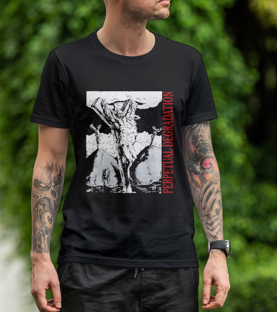 Perpetual Degradation Monster Crucifixion Skull Mountains Clouds T-Shirt
