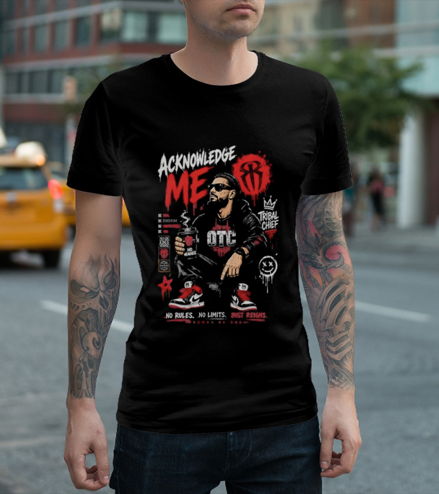 WWE Roman Reigns Acknowledge Me Tribal Chief OTC Red And White T-Shirt