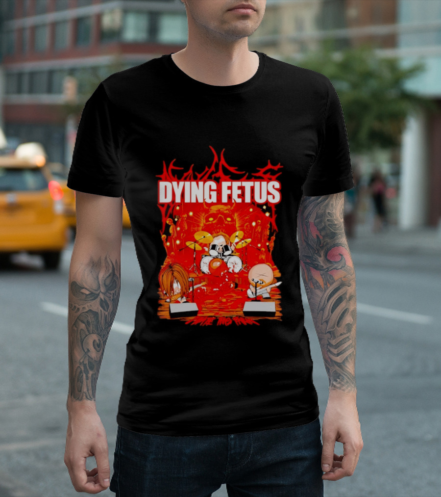 Dying Fetus Cartoon Band Rocking Out In Red Scene T-Shirt