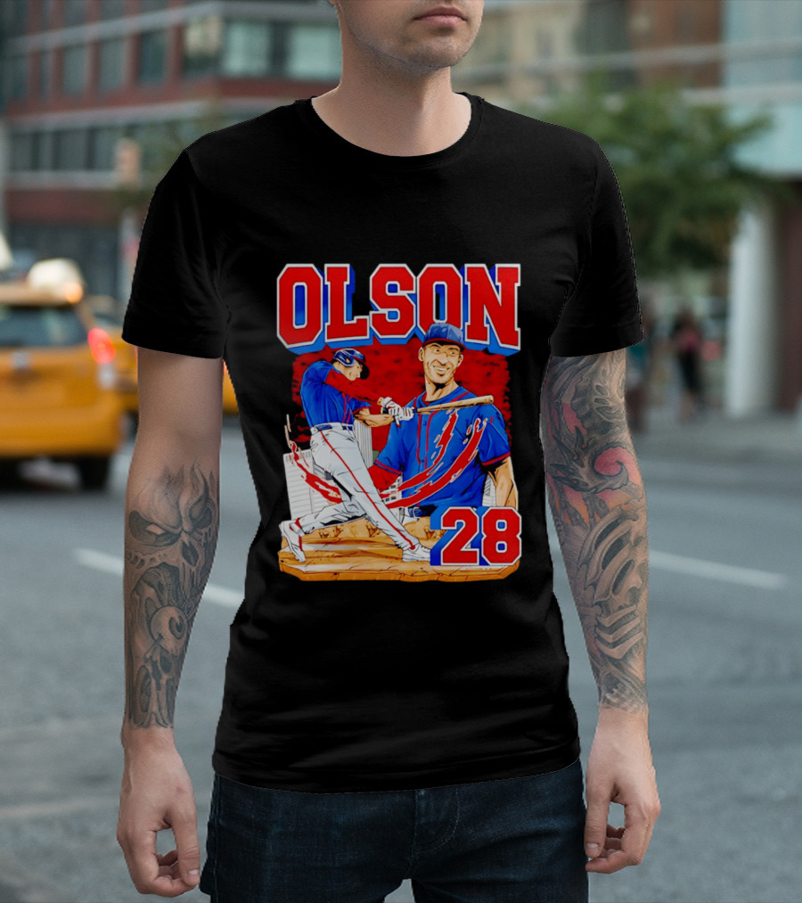 Olson 28 Baseball Player Blue And Red Hand Drawn T-Shirt
