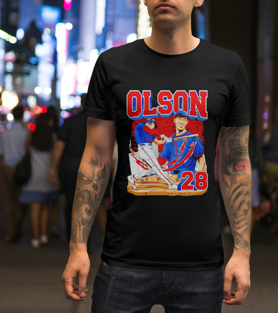 Olson 28 Baseball Player Blue And Red Hand Drawn T-Shirt