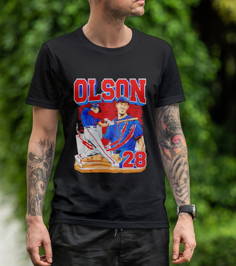 Olson 28 Baseball Player Blue And Red Hand Drawn T-Shirt