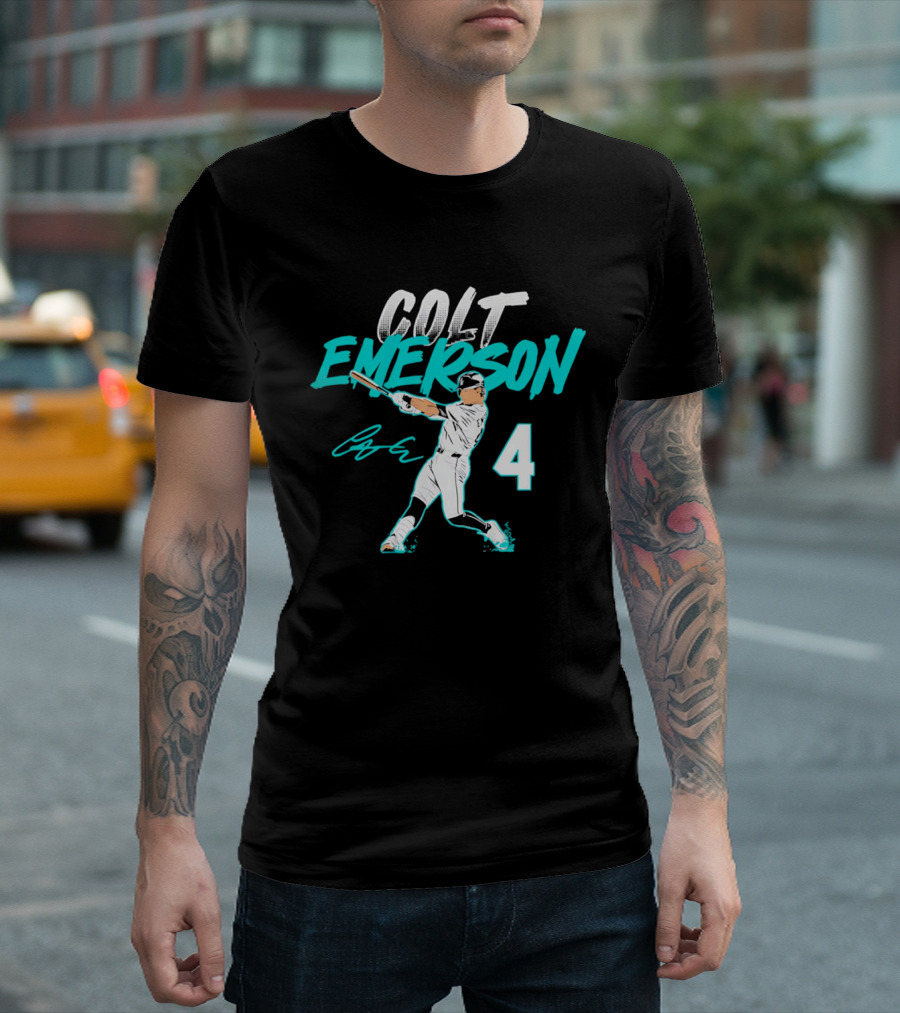 Colt Emerson Seattle Mariners Number 4 Slugger Swing Signature T-Shirt