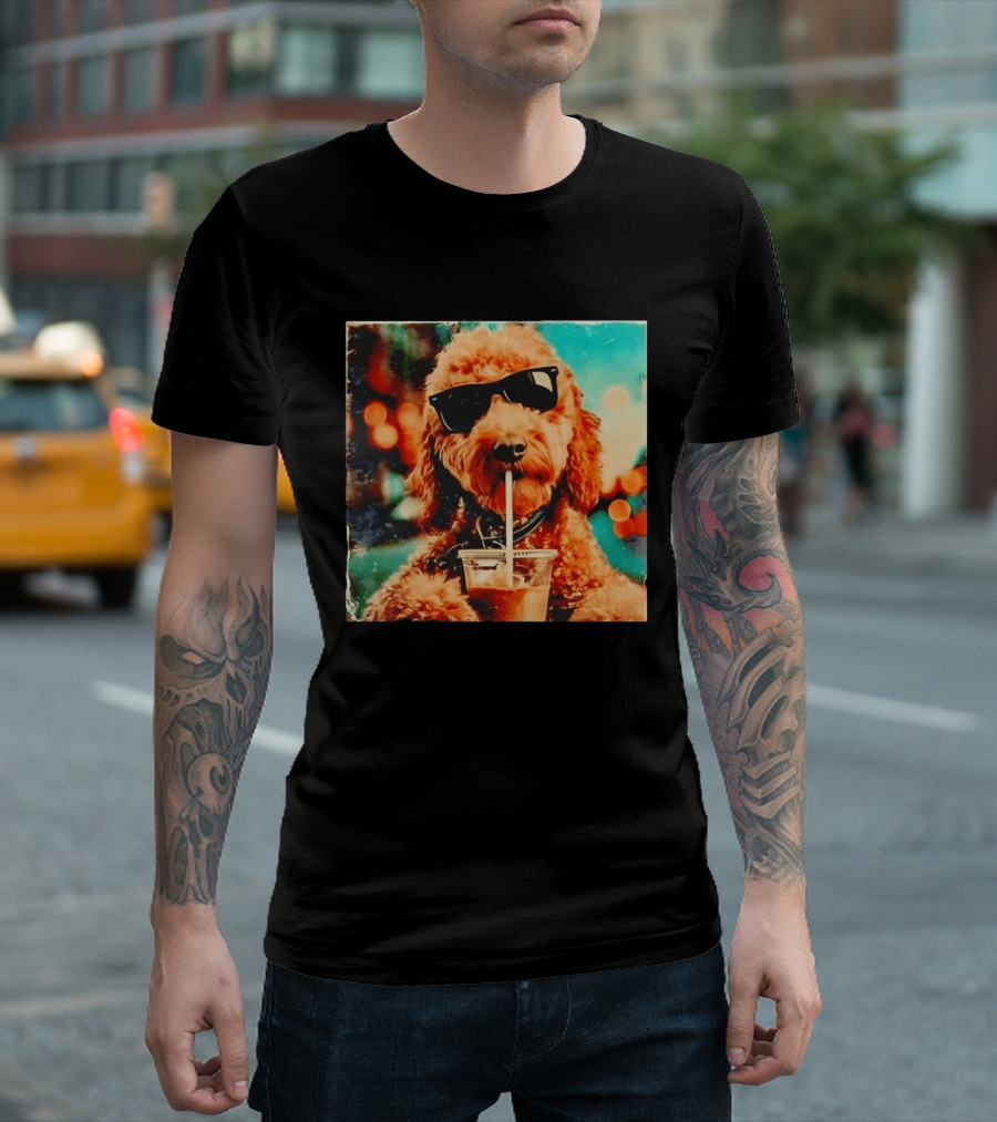 Goldendoodle With Sunglasses Enjoying Iced Coffee Retro Cool Vibes T-Shirt