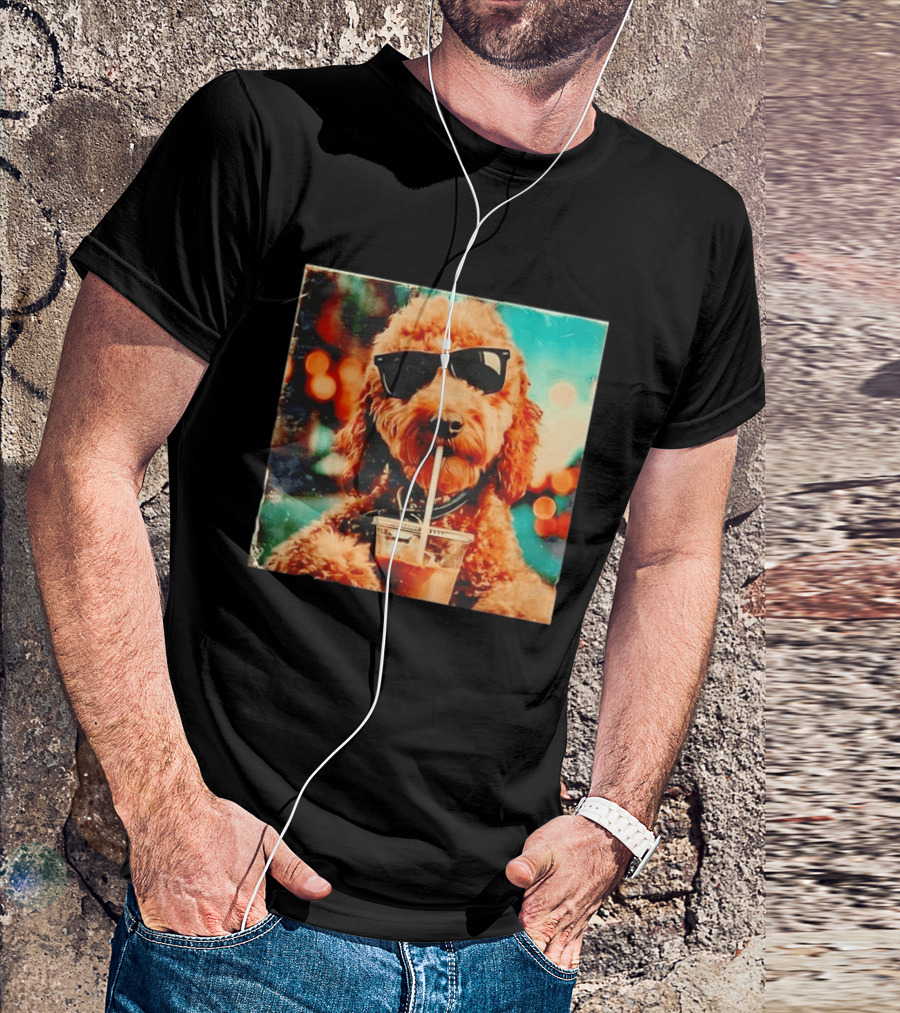 Goldendoodle With Sunglasses Enjoying Iced Coffee Retro Cool Vibes T-Shirt