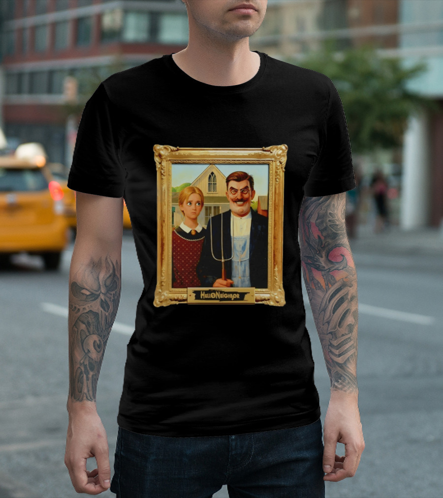 Hello Neighbor American Gothic Man Pitchfork Girl Painting Frame T-Shirt