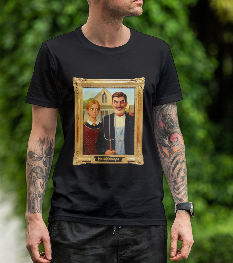 Hello Neighbor American Gothic Man Pitchfork Girl Painting Frame T-Shirt