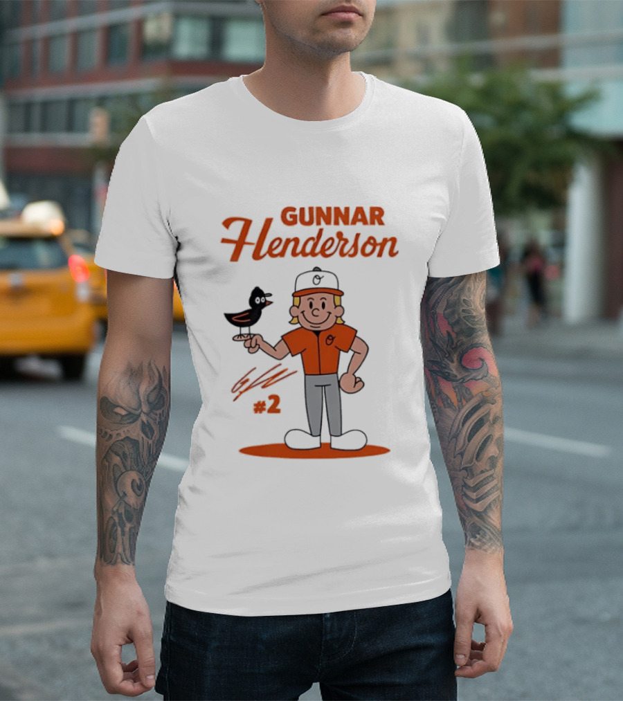 Gunnar Henderson Baltimore Orioles MLB Player Cartoon Character With Bird And Number 2 T-Shirt