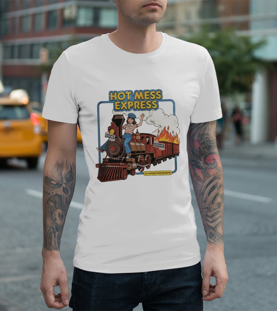 Hot Mess Express All Aboard Poor Decisions Cosmic Studio Vintage Train Cartoon T-Shirt