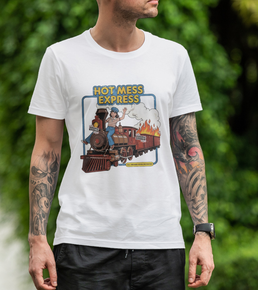 Hot Mess Express All Aboard Poor Decisions Cosmic Studio Vintage Train Cartoon T-Shirt