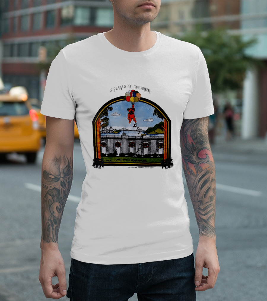 I Peaked At The Greek Grateful Dead 1985 Bear Balloons Musical Notes T-Shirt