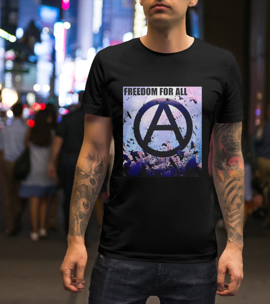 FdA IFA Freedom For All Anarchy Symbol With Birds And City Skyline T-Shirt