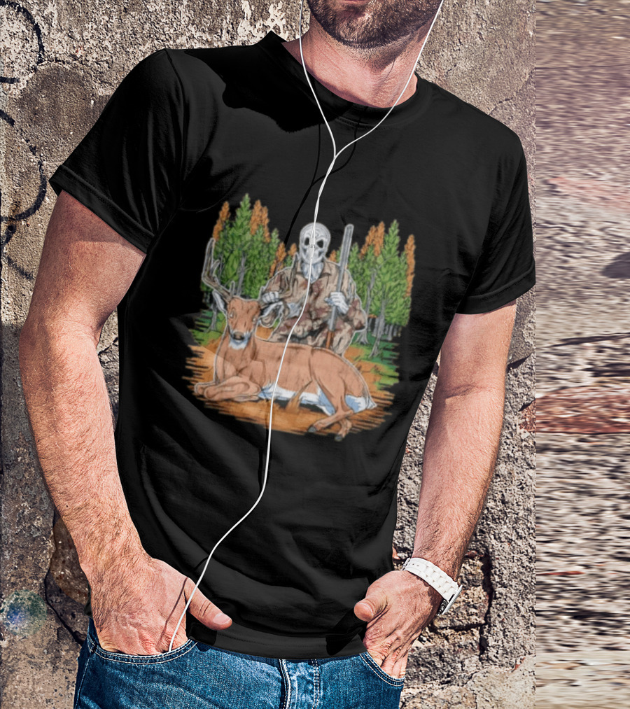 Skeleton Deer Hunting Skull Mask Camouflage Forest Scene T-Shirt