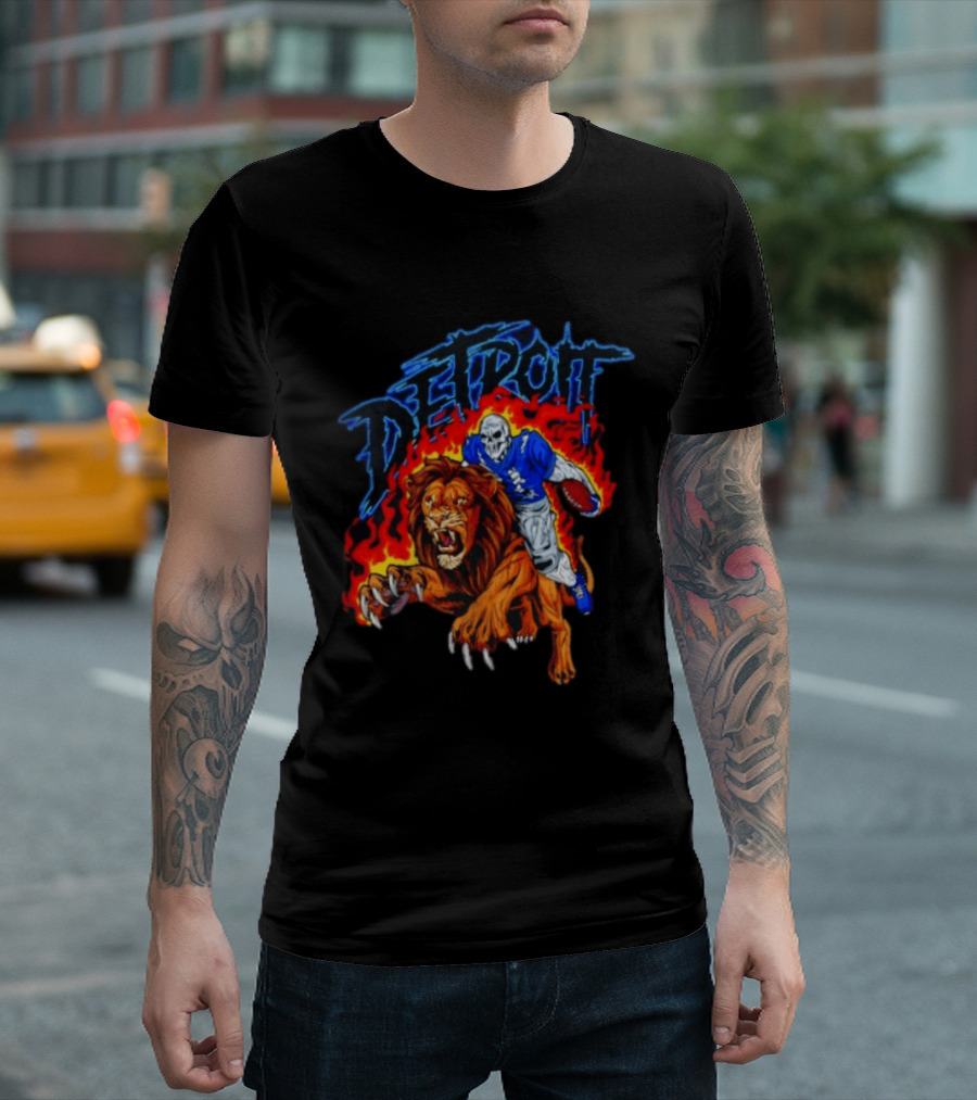 Detroit Skeleton Football Player Lion Fire Fusion T-Shirt