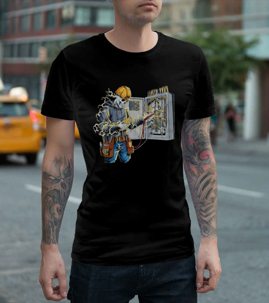 Skeleton Electrician Hard Hat Voltage Sparks T-Shirt