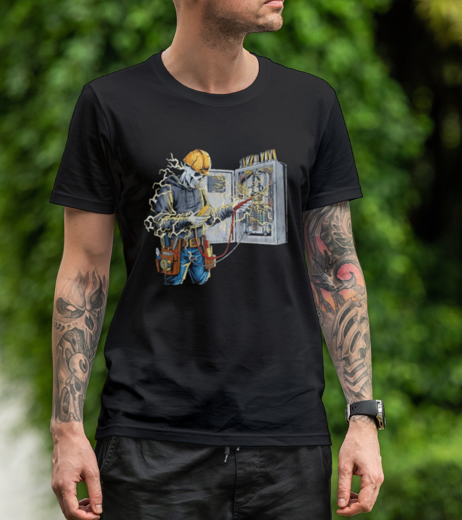 Skeleton Electrician Hard Hat Voltage Sparks T-Shirt
