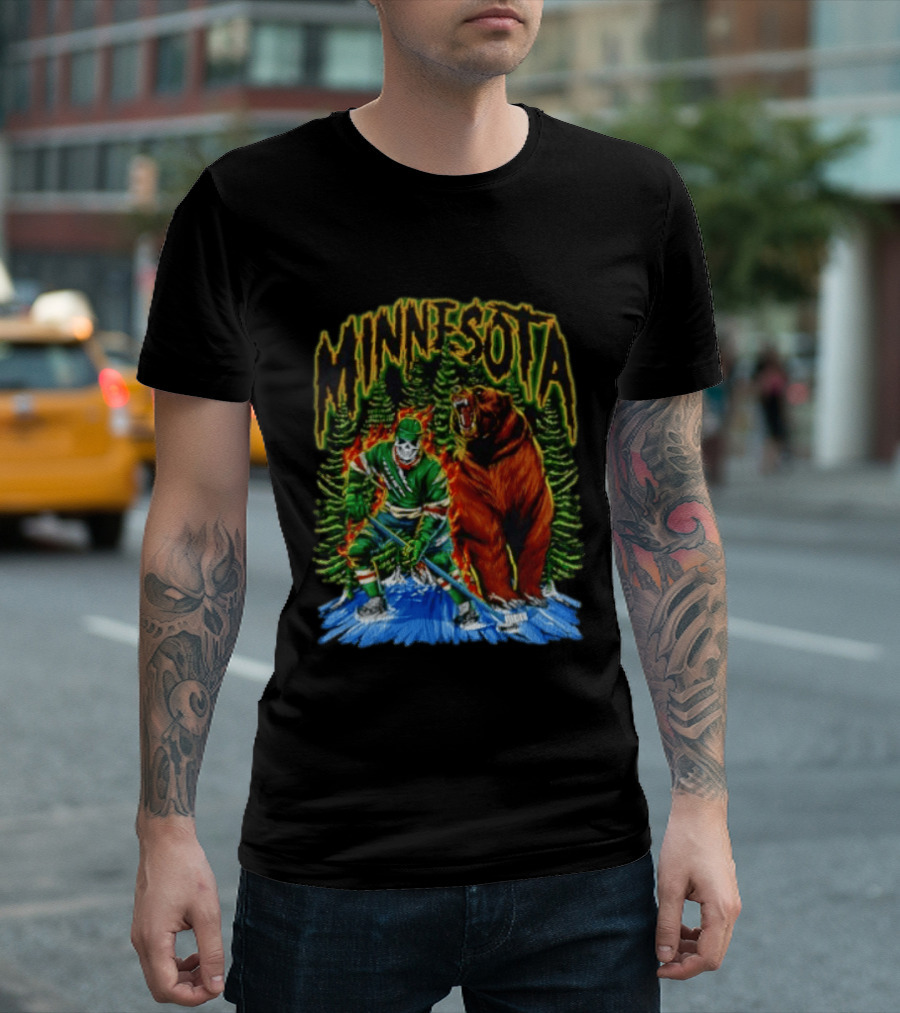 Minnesota Wild Hockey Skeleton Bear Forest Fire T-Shirt