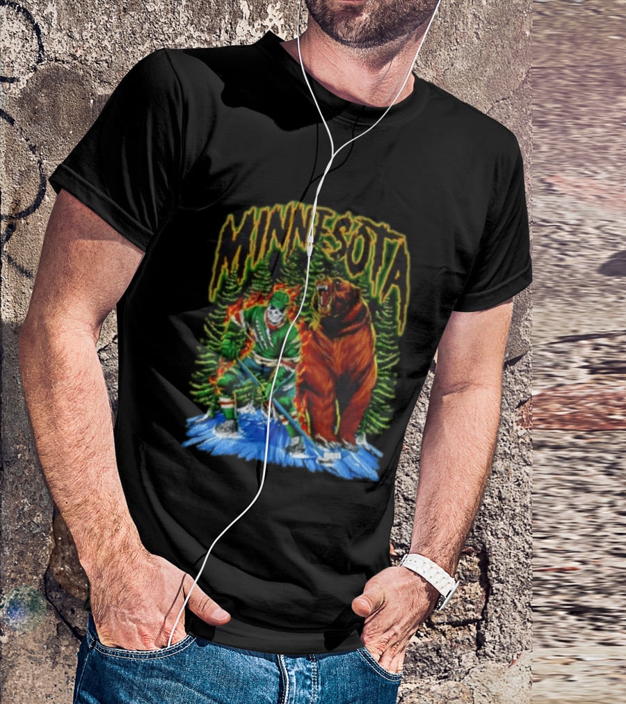 Minnesota Wild Hockey Skeleton Bear Forest Fire T-Shirt