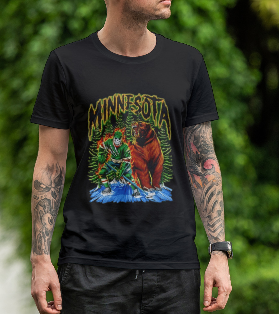 Minnesota Wild Hockey Skeleton Bear Forest Fire T-Shirt