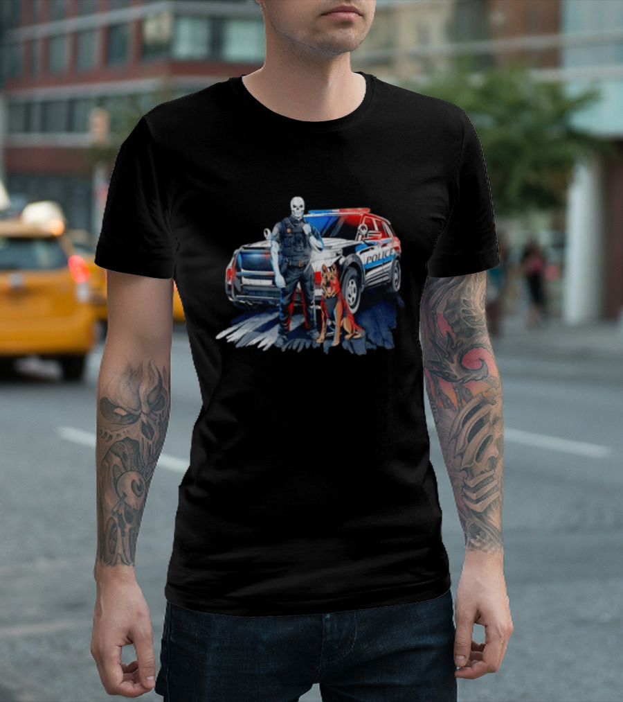 Skeleton Police Officer And Working Dog With Patrol Car T-Shirt