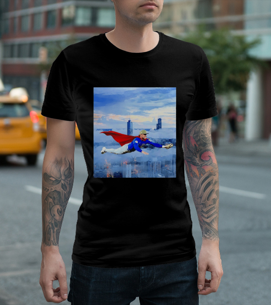 Superman Nico Hoerner Chicago Cubs Second Baseman Flying Over City Skyline T-Shirt