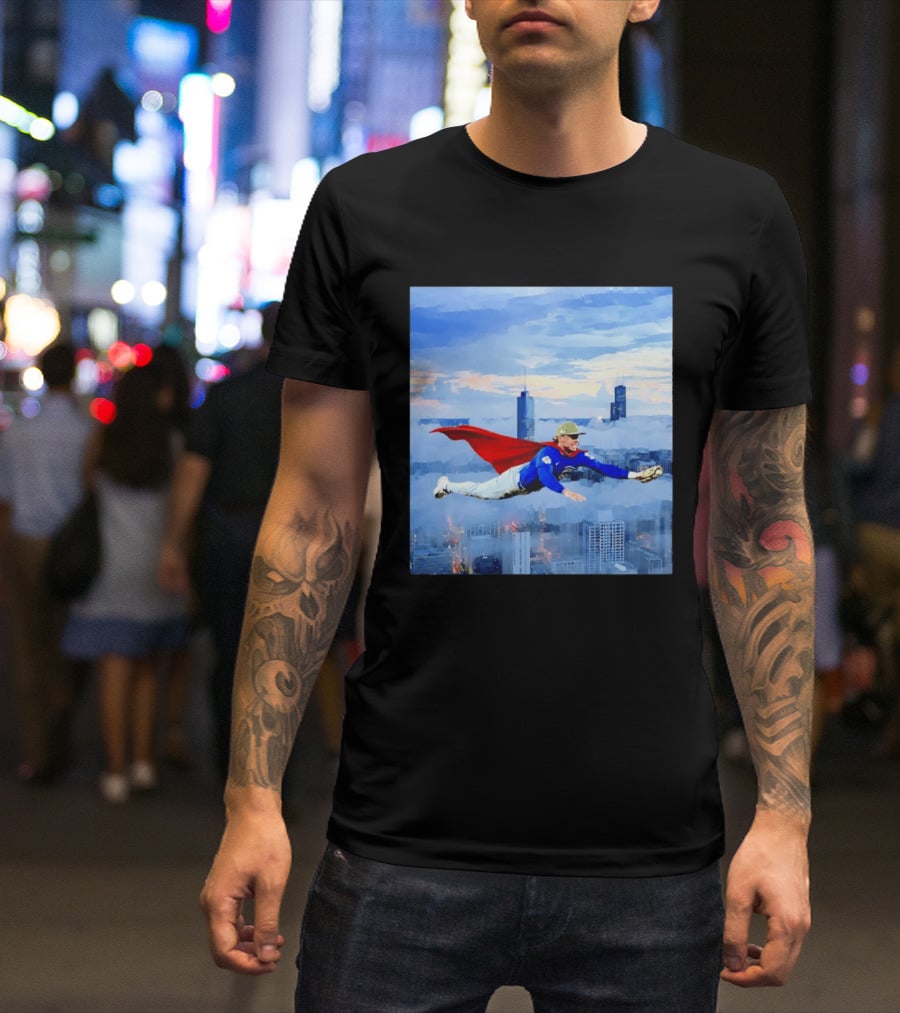 Superman Nico Hoerner Chicago Cubs Second Baseman Flying Over City Skyline T-Shirt