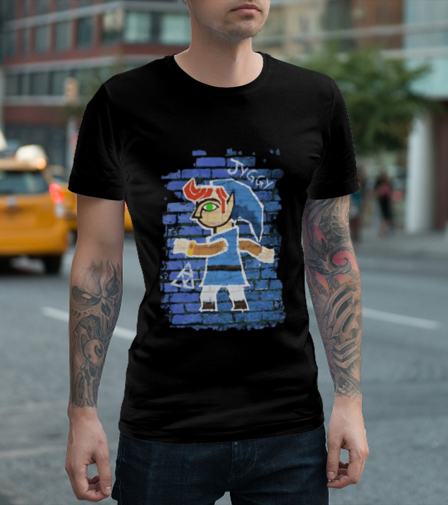 Jyggy ALBJ Character With Triforce On Blue Brick T-Shirt