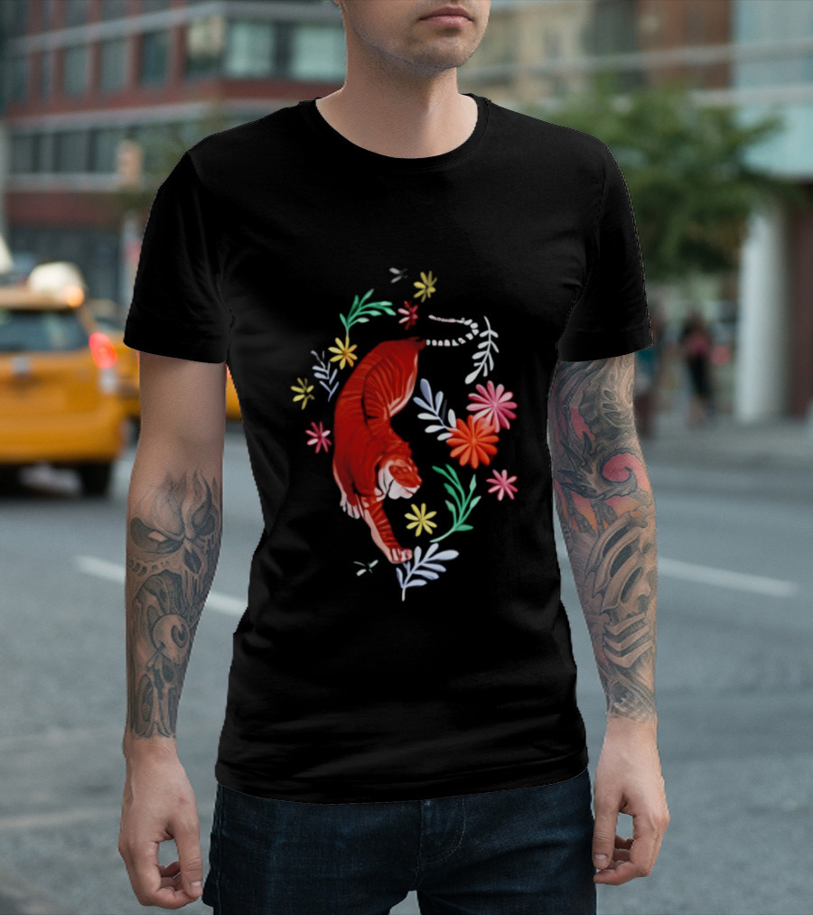 Todd Herzog Bengal Tiger Floral Motif With Vibrant Blooming Flowers T-Shirt