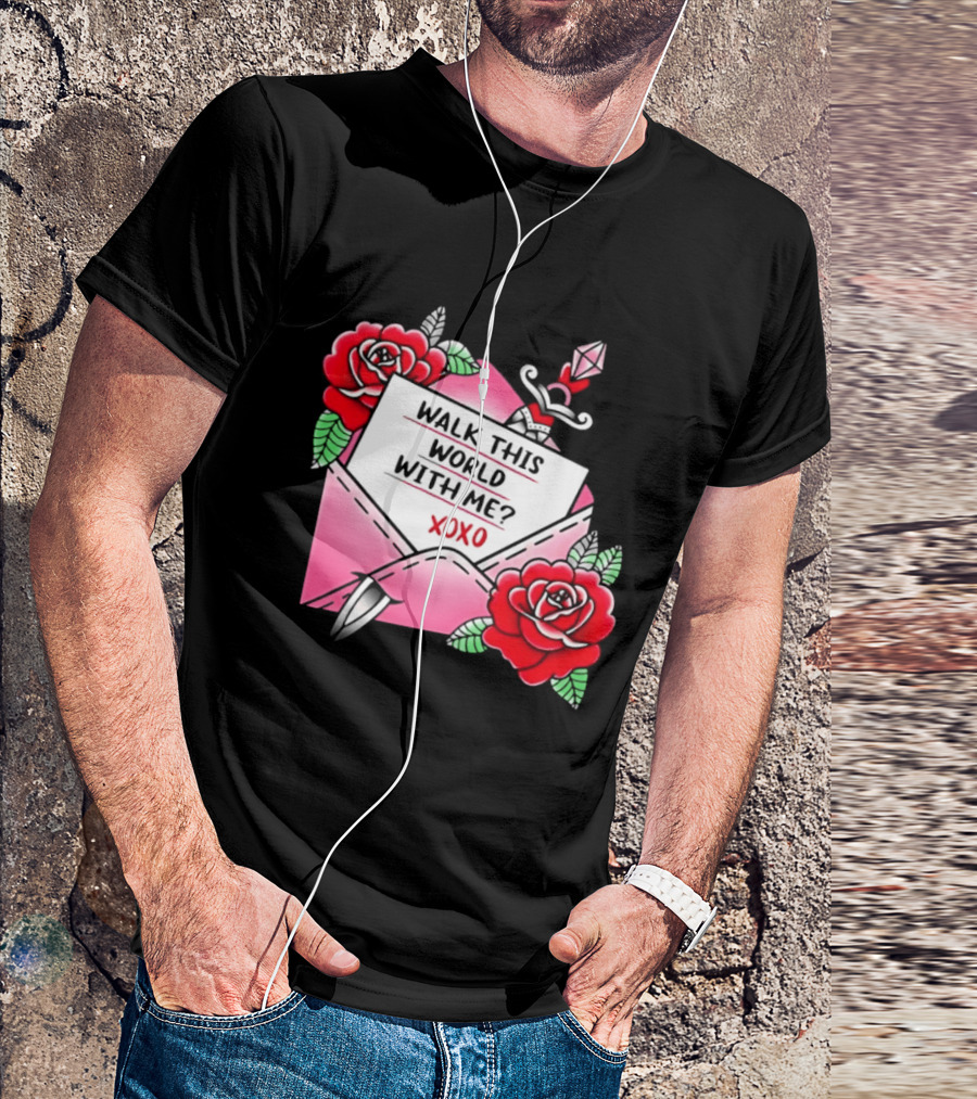 Walk This World With Me XOXO Romantic Tattoo Roses And Letter Envelope T-Shirt