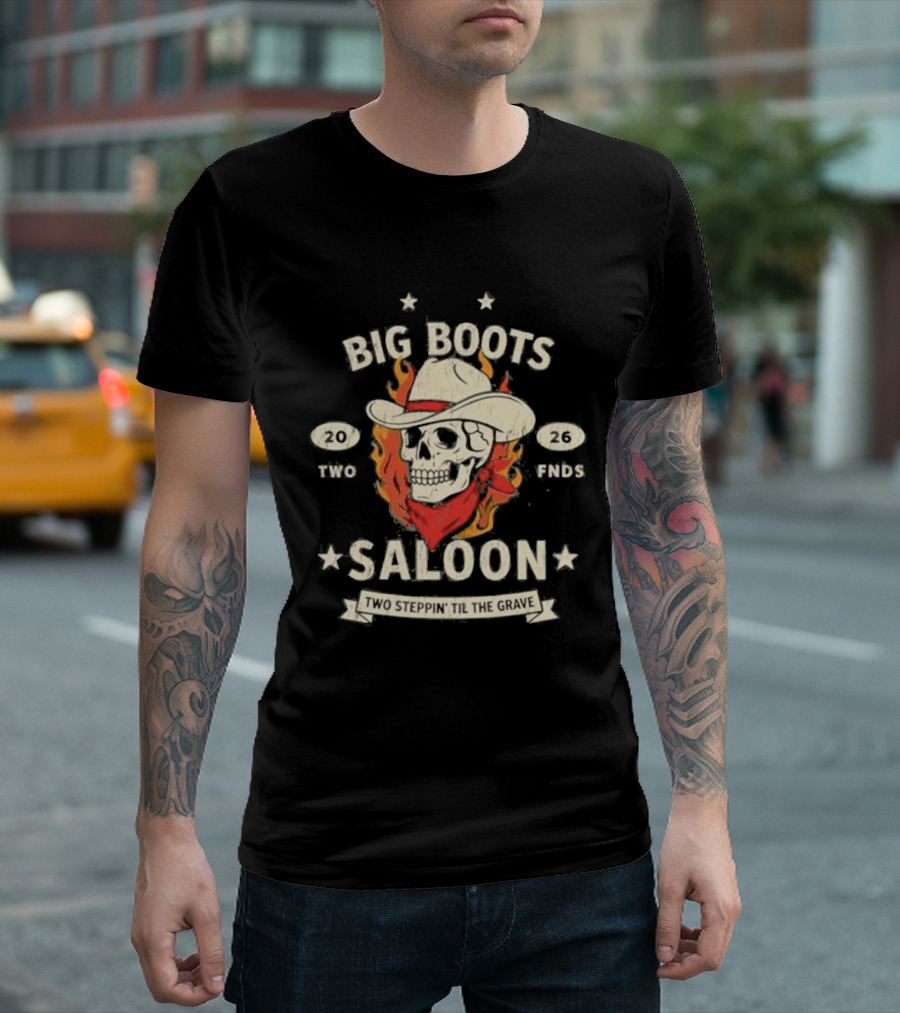 Big Boots Saloon Two Friends Cowboy Skull Flames Vintage 2018 T-Shirt