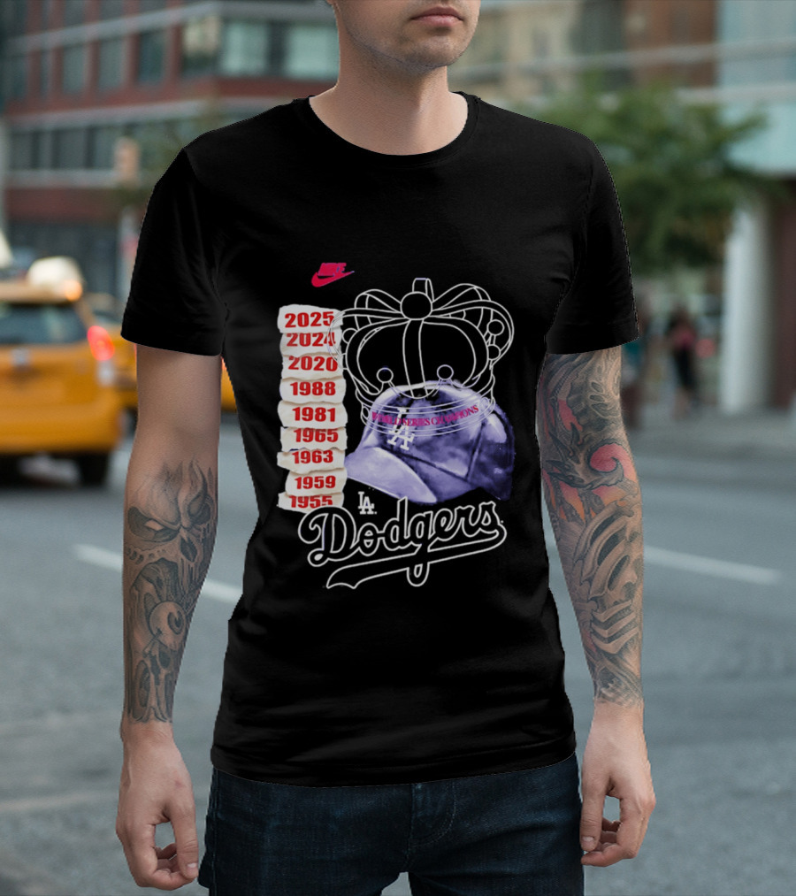 Los Angeles Dodgers 9x World Series Champions Crown And Cap 1955 2025 T-Shirt
