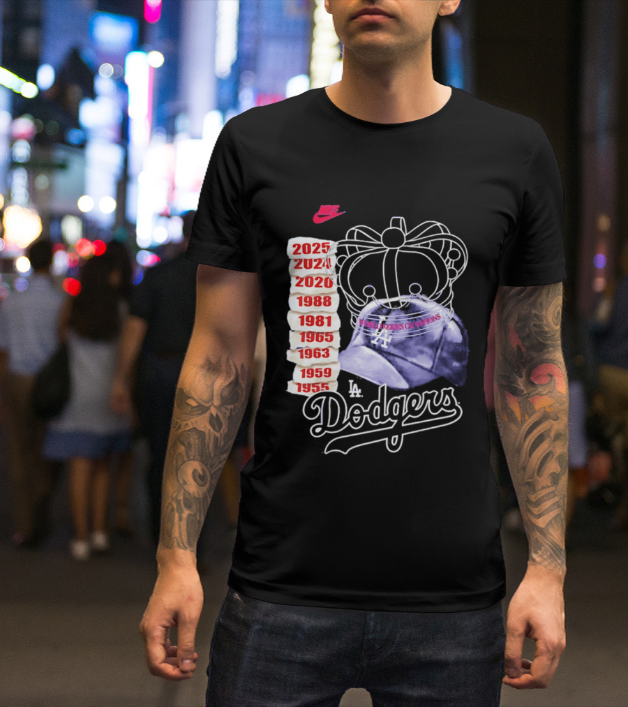 Los Angeles Dodgers 9x World Series Champions Crown And Cap 1955 2025 T-Shirt