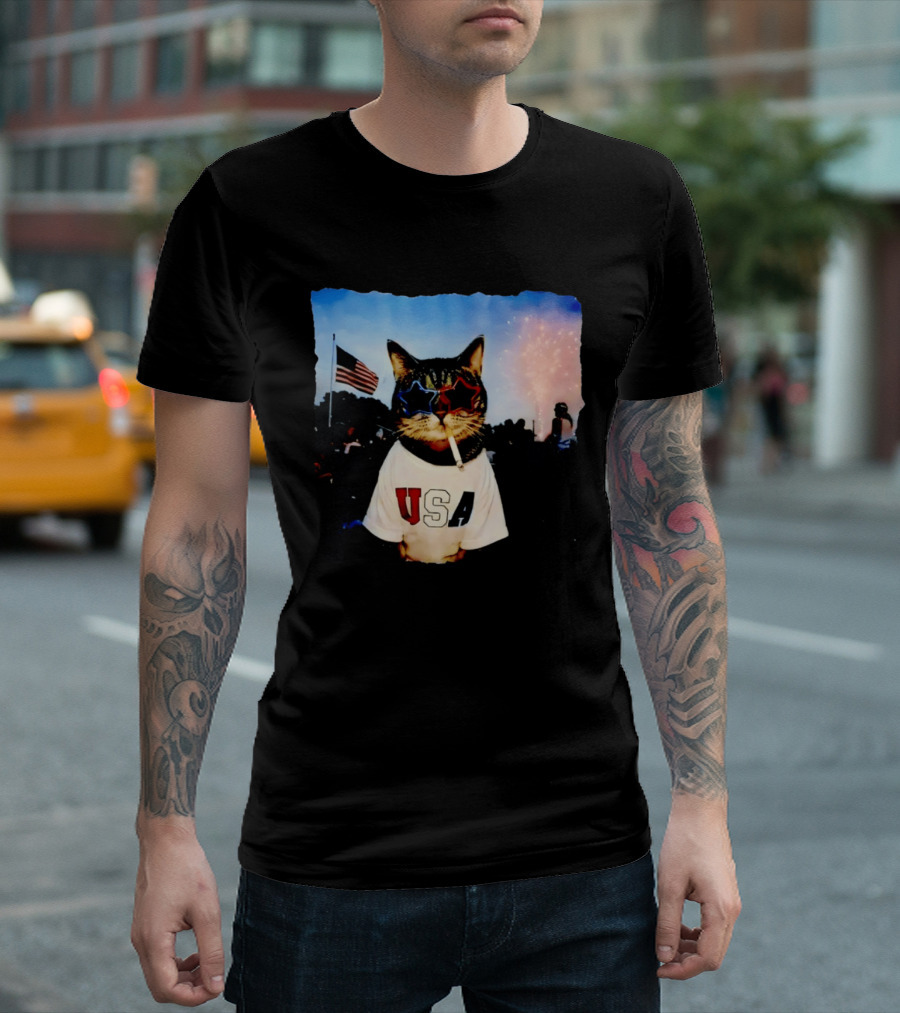 USA Cat With American Flag Sunglasses Smoking Fireworks T-Shirt