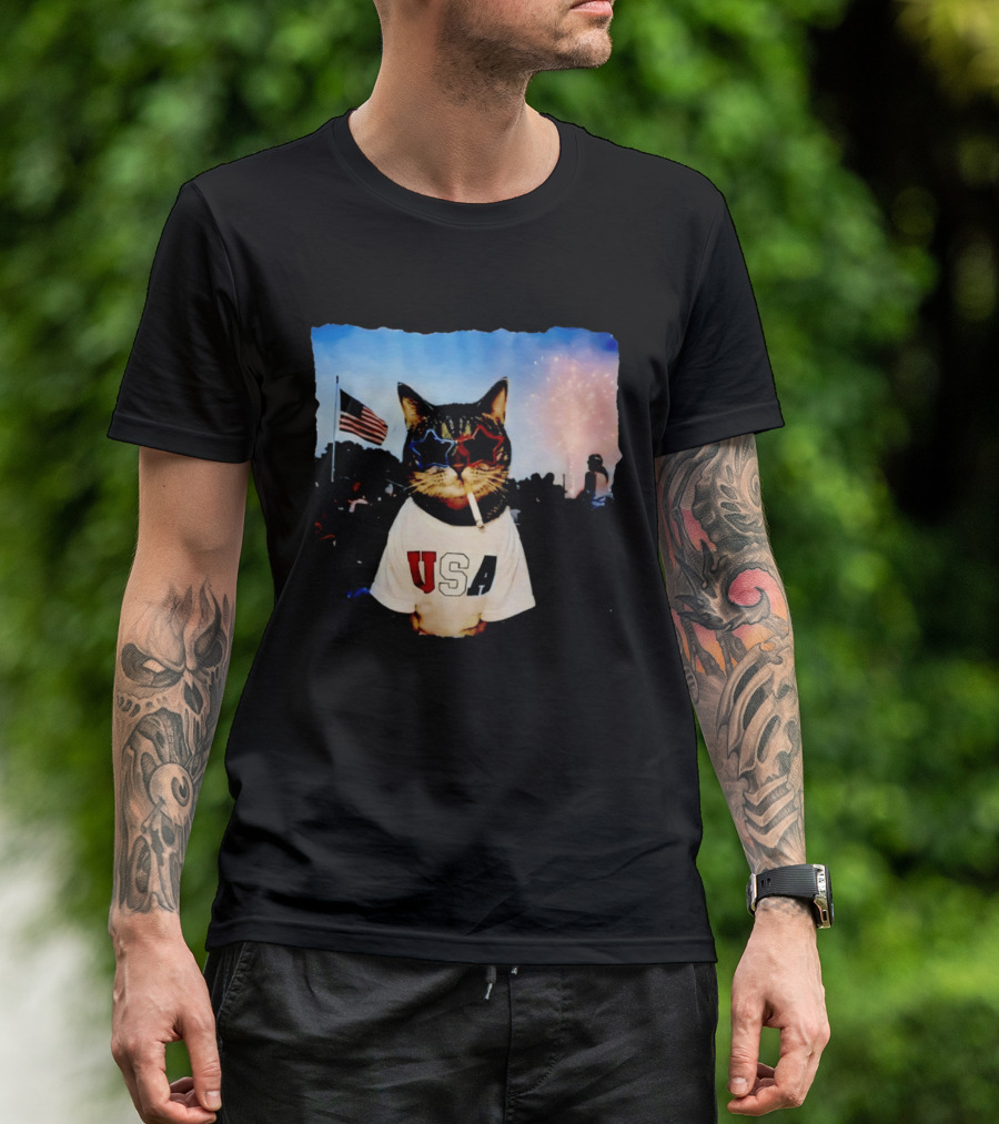 USA Cat With American Flag Sunglasses Smoking Fireworks T-Shirt