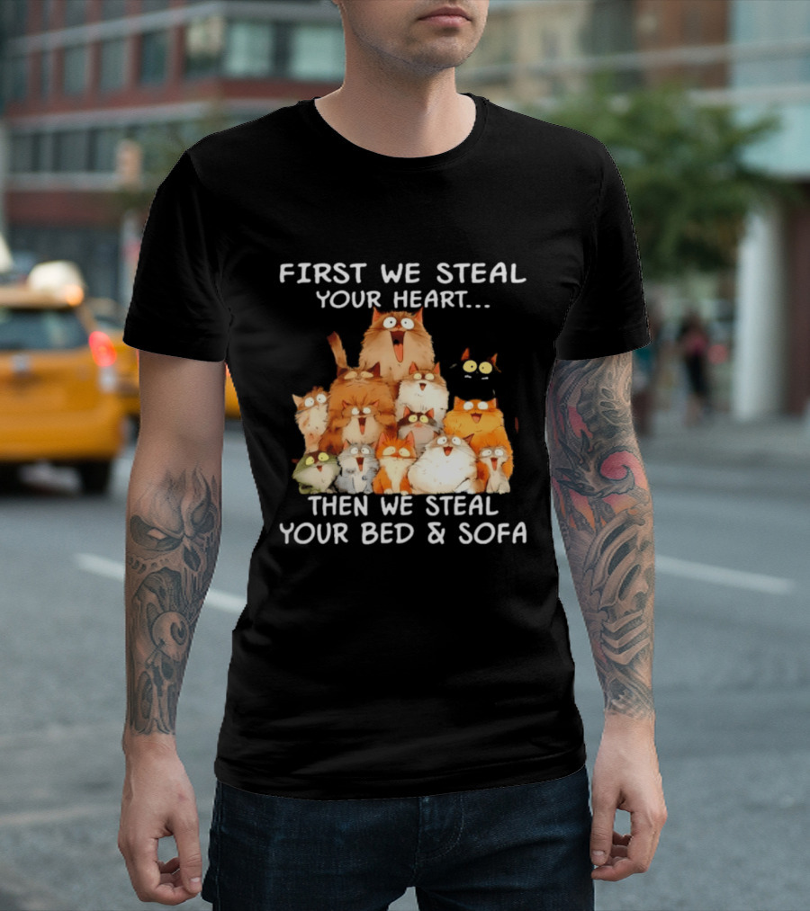 First We Steal Your Heart Then We Steal Your Bed And Sofa Cats Stack T-Shirt