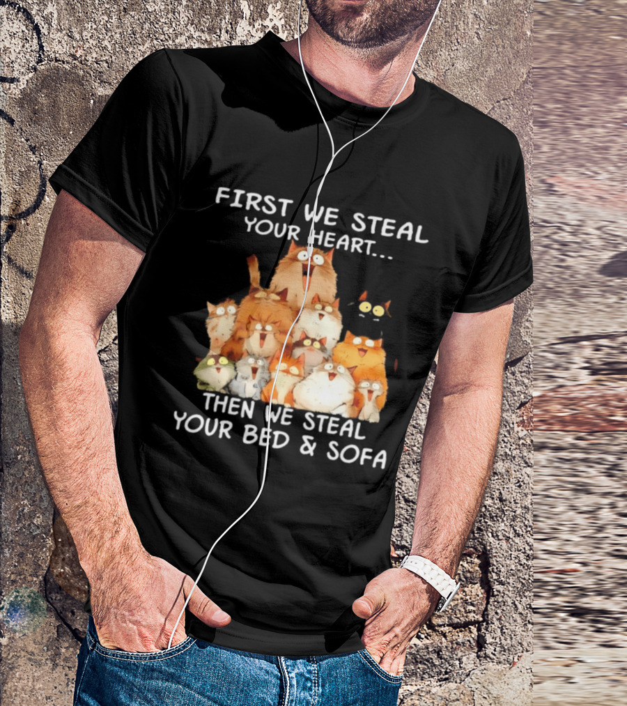 First We Steal Your Heart Then We Steal Your Bed And Sofa Cats Stack T-Shirt