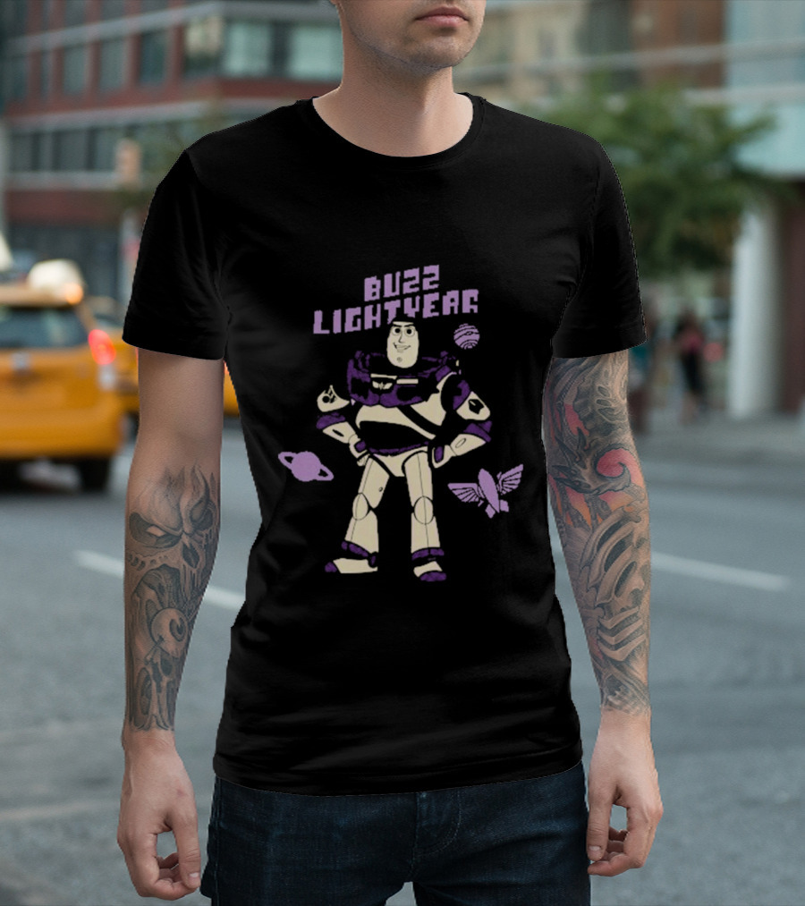 Buzz Lightyear Toy Story 5 Character Illustration With Planets And Rocket Iconography T-Shirt