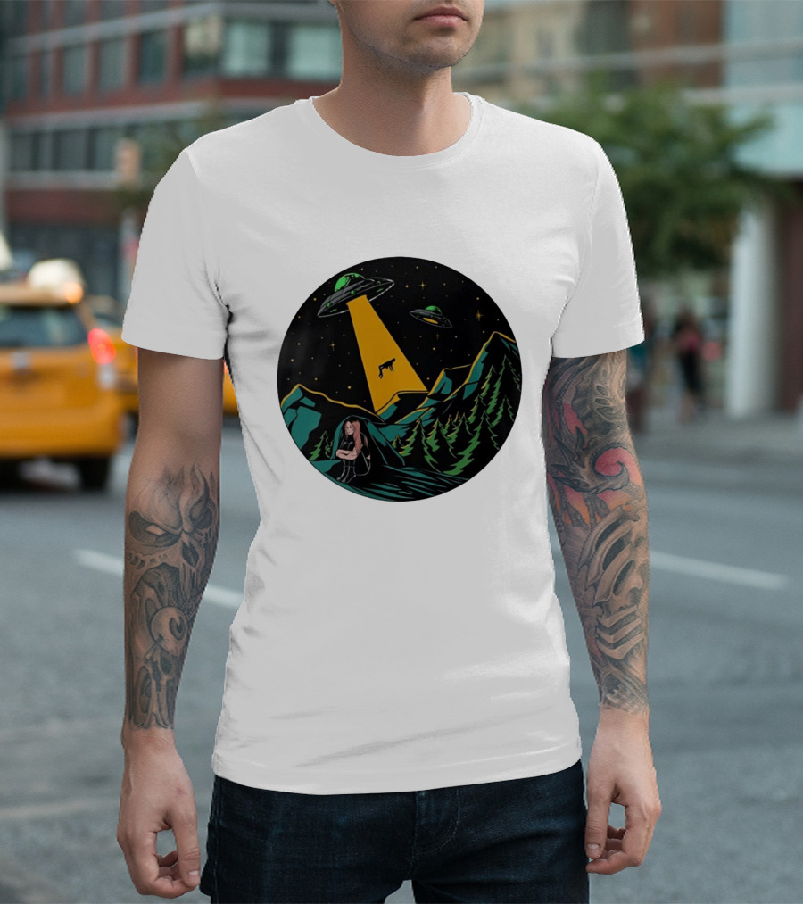 UFOs Aliens Abduction Night Sky Mountains Forest Trees Stars Beam T-Shirt