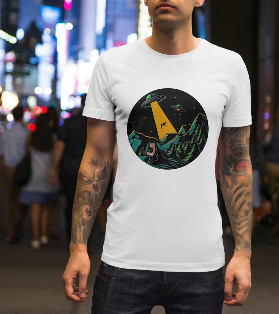 UFOs Aliens Abduction Night Sky Mountains Forest Trees Stars Beam T-Shirt