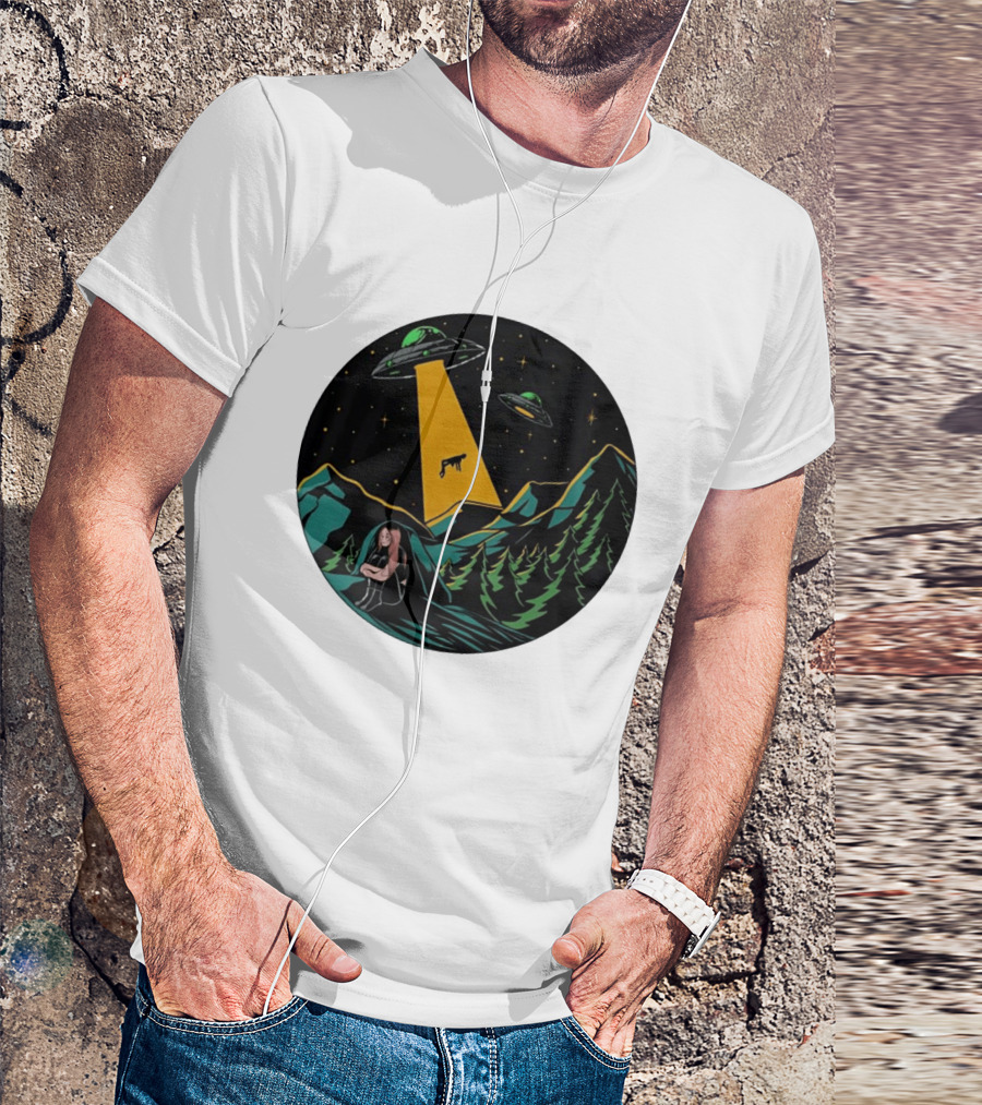 UFOs Aliens Abduction Night Sky Mountains Forest Trees Stars Beam T-Shirt