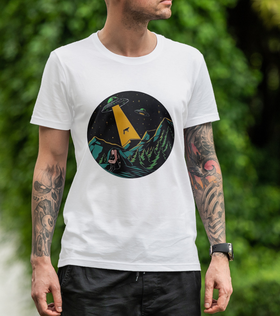UFOs Aliens Abduction Night Sky Mountains Forest Trees Stars Beam T-Shirt