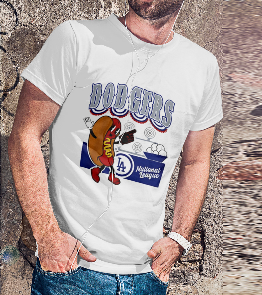Cartoon Hot Dog Dodgers LA National League Baseball T-Shirt