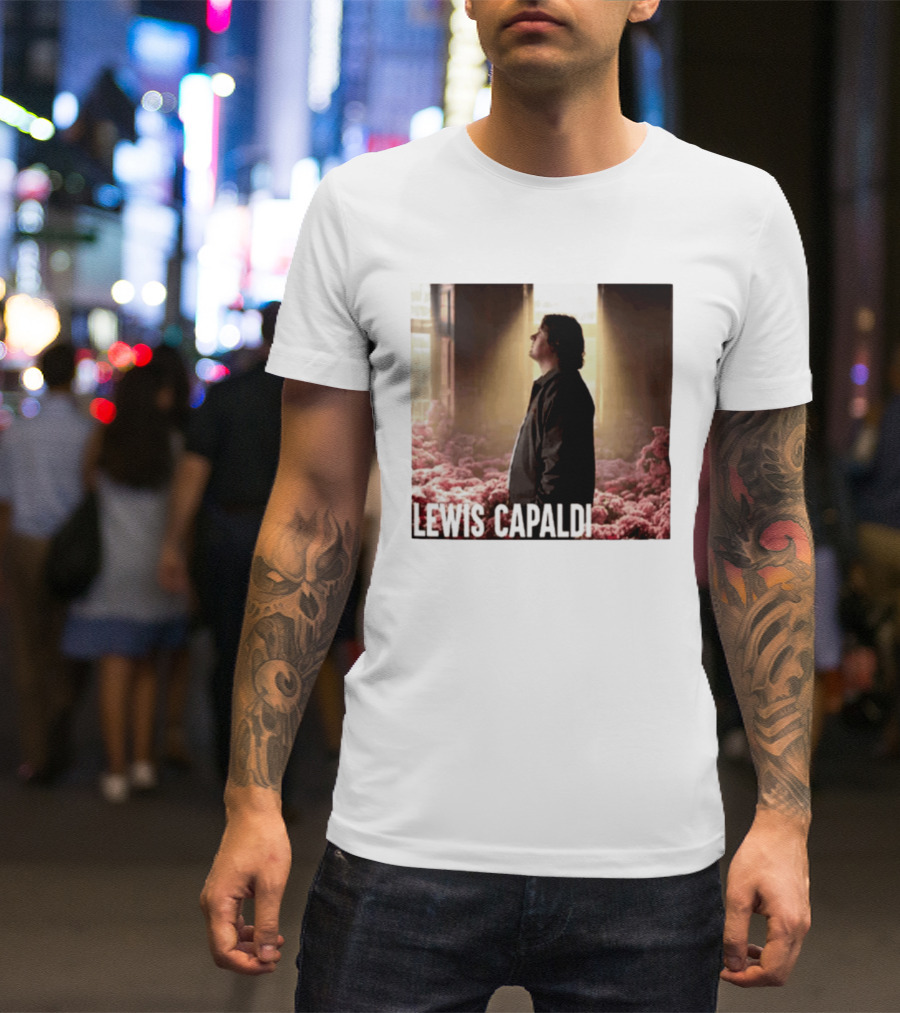 Lewis Capaldi Standing In Floral Scene With Sunlight In Concert Photo T-Shirt