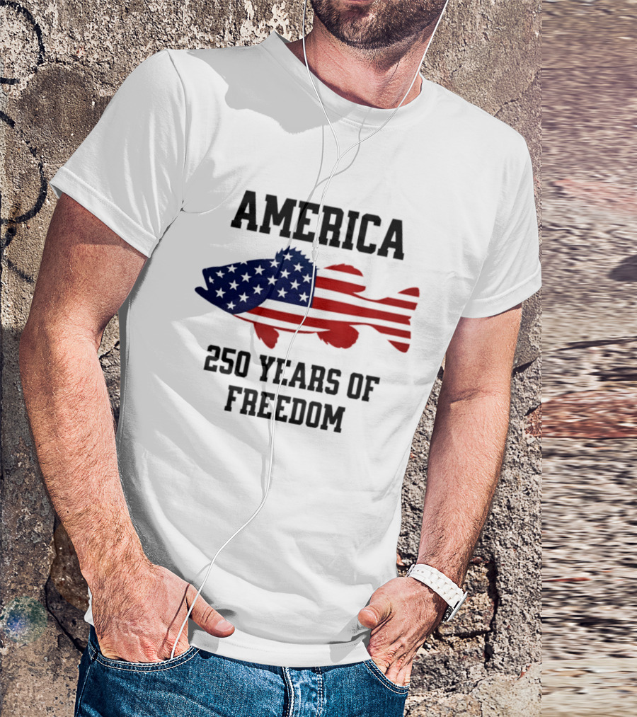 America Flag Bass Fishing 250 Years Of Freedom Celebration T-Shirt