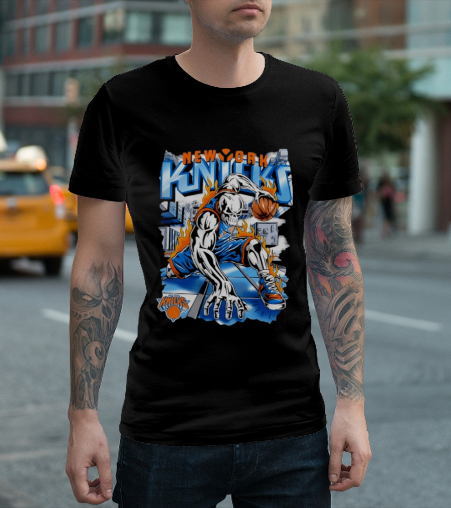 New York Knicks Basketball Urban Street Art Comic Style Flame Warrior T-Shirt
