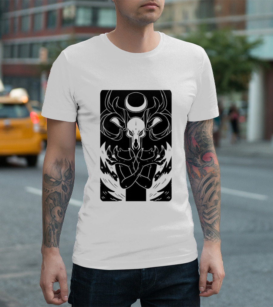 Deer Skull Antlers Crescent Moon Spirit Hands Rays Ritual Mystical Symbolism T-Shirt