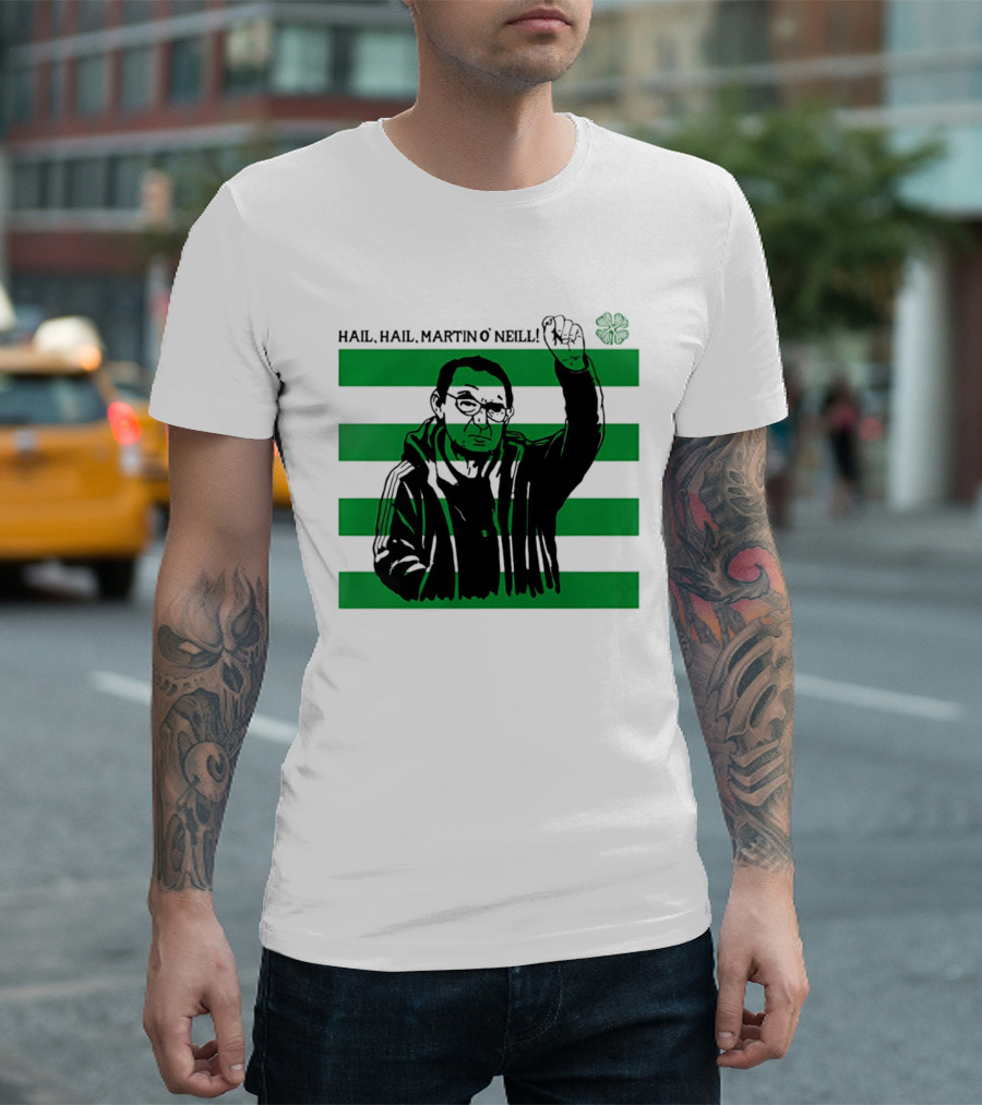 Hail Hail Martin O Neill Iconic Gesture Four Leaf Clover Stripes T-Shirt