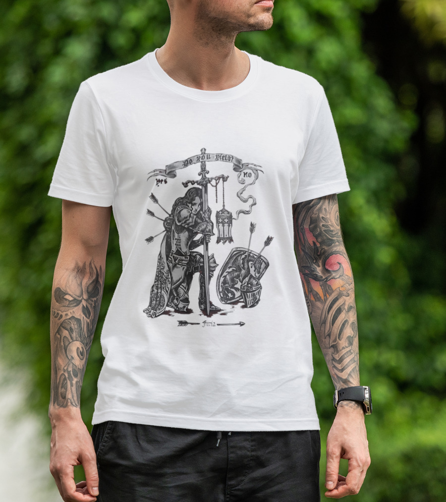 Knight Sword Shield Arrows Lantern Helmet Furia Do You Yield Yes No T-Shirt